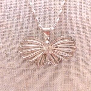 Vintage artisan butterfly Necklace, antique,  wirework 17" sterling chain. Asian